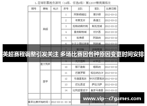 英超赛程调整引发关注 多场比赛因各种原因变更时间安排