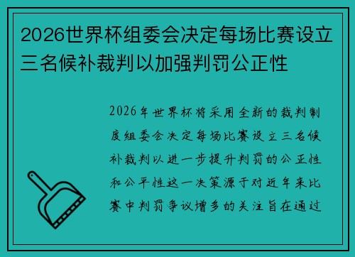2026世界杯组委会决定每场比赛设立三名候补裁判以加强判罚公正性 2026世界杯组委会决定每场比赛设立三名候补裁判以加强判罚公正性